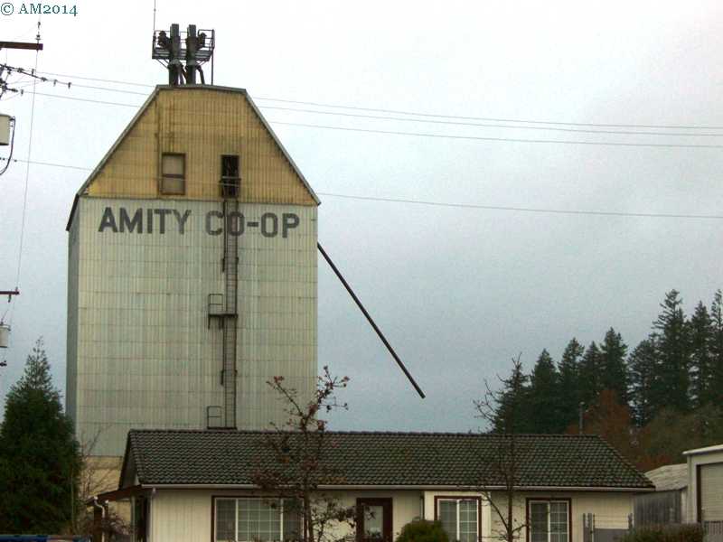 View of the Coop grain elevator in Amity, Oregon.